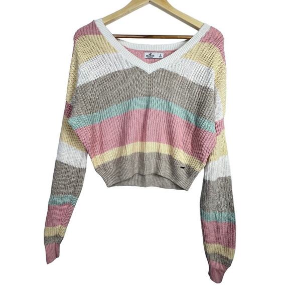 EUC Hollister Pastel Tan Pink White Striped Cropped Oversized Knit Sweater Small - Picture 2 of 9
